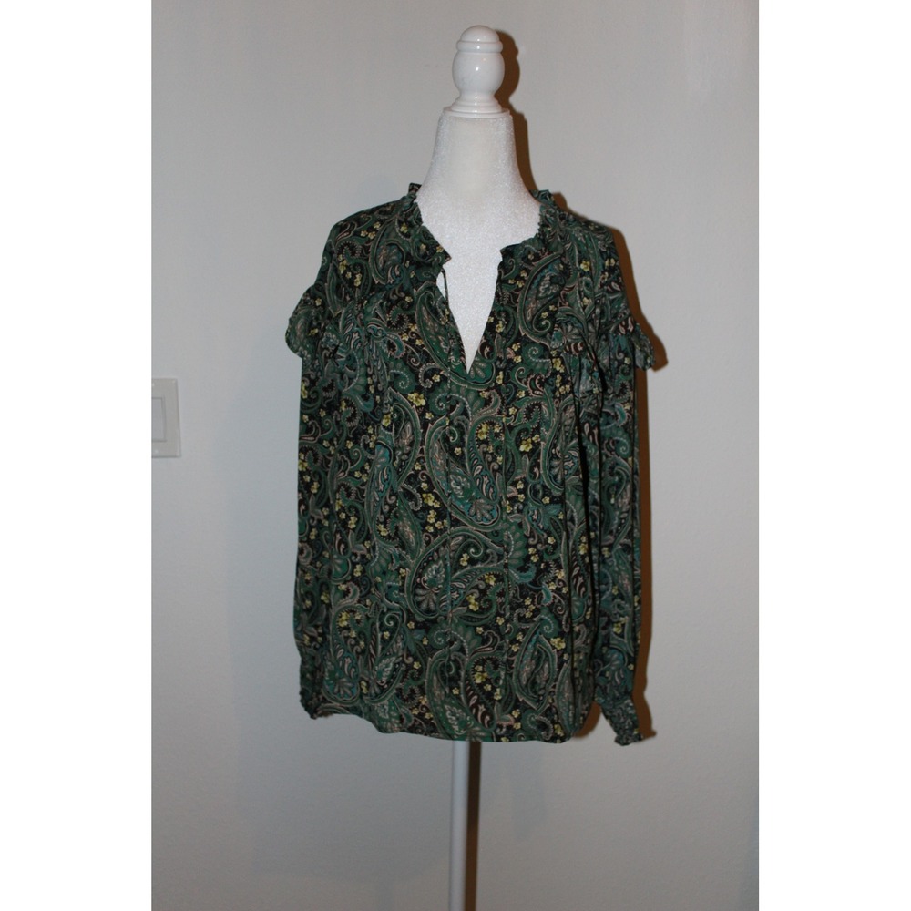 Counterparts Women's Green Paisley Ruffle Split Neck Blouse M‎ NWT